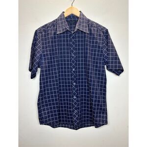 Ted Baker Men's Size 4 Navy Button Up Shirt Short Sleeve Checkered EUC
